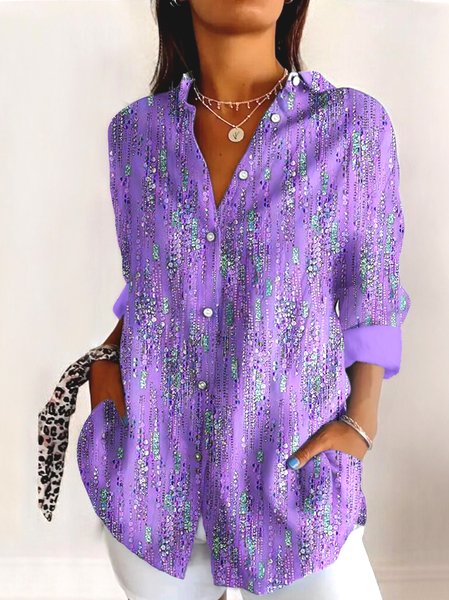 

V Neck Long Sleeve Geometric Regular Micro-Elasticity Regular Fit Shirt For Women, Purple, T-shirts