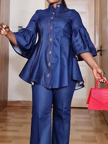 

Urban Plain Buttoned Shirt Collar Bell Sleeve Faux Denim Shirt, Blue, Blouses and Shirts