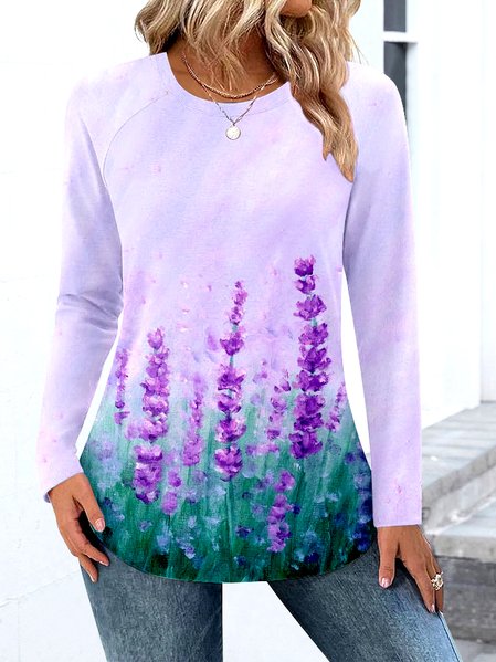 

Casual Color Block Crew Neck Long Sleeve T-shirt, Light purple, T-shirts
