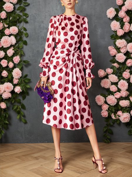 

Urban Polka Dots Puff Sleeve Knot Midi Dress, Pink, Midi Dresses
