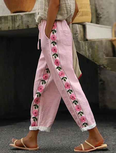 

Women Floral Long Pants Casual Spring/Fall Trousers, Pink, Pants