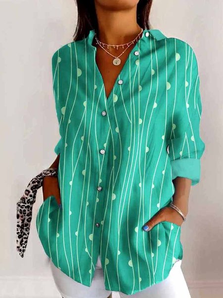 

V Neck Long Sleeve Geometric Regular Micro-Elasticity Regular Fit Shirt For Women, Green, Shirts