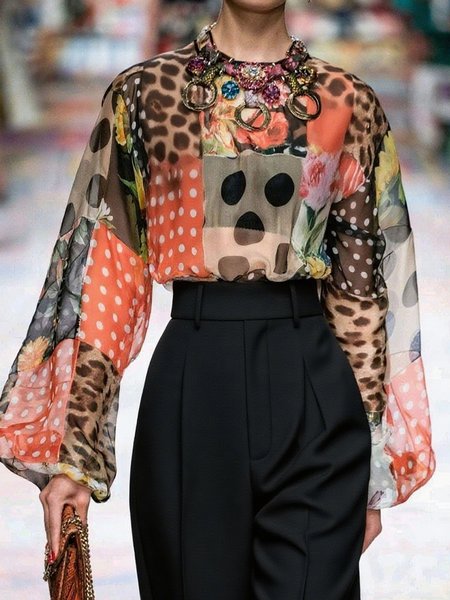 

Urban Polka Dots Printing Crew Neck Blouse, As picture, Blouses and Shirts
