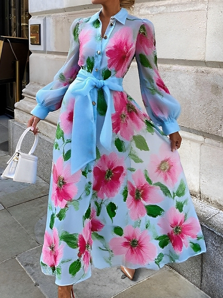

Elegant Floral Printing Maxi Dress With Belt, As picture, Maxi Dresses