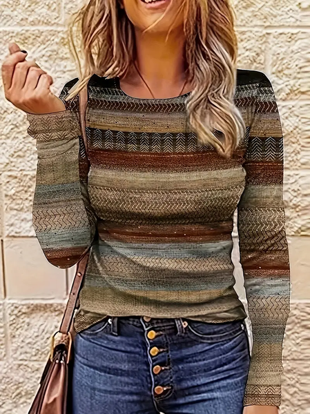 

Women Abstract Crew Neck Casual Long Sleeve T-shirt, Brown, Long Sleeves