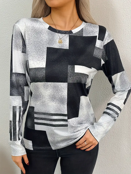 

Casual Abstract Crew Neck Long Sleeve T-shirt, Gray, T-shirts