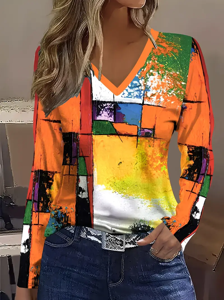 

Women Abstract Long Sleeve Tee T-shirt V Neck Printing Casual Spring/Fall Graphic Tee Top, Orange, T-Shirts