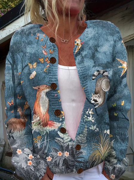 

Women 3D Floral Animal Print Long Sleeve Comfy Vintage Cardigan, As picture, Cardigans