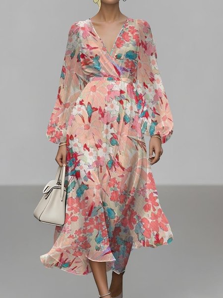

Women Floral Puff Sleeve Spring/Fall Dress V Neck Long Sleeve A-Line Dress, Pink, Dresses