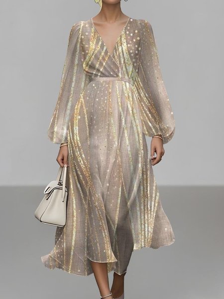 

Women Striped Puff Sleeve Spring/Fall Dress V Neck Long Sleeve A-Line Dress, Metallic, Dresses