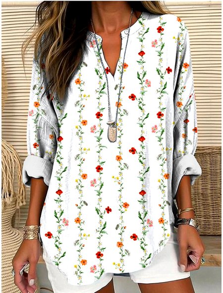 

V Neck Long Sleeve Geometric Regular Micro-Elasticity Regular Fit Shirt For Women, White, Shirts