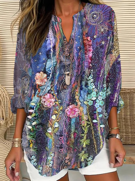 

Women Floral Long Sleeve Blouse Spring/Fall Printing V Neck Daily Casual Top, Purple, Shirts