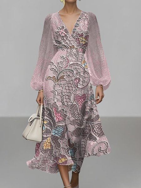 

Women Floral Puff Sleeve Spring/Fall Dress V Neck Long Sleeve A-Line Dress, Purple, Dresses