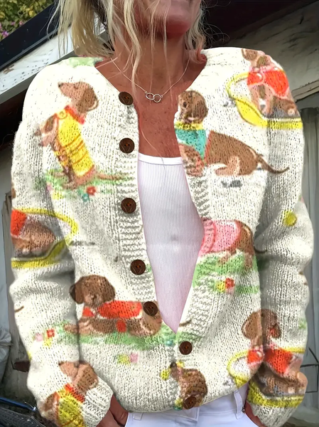 

Women Cute Cartoon Dachshund Long Sleeve Comfy Vintage Cardigan, As picture, Cardigans