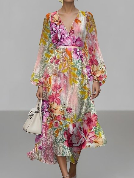 

Women Floral Puff Sleeve Spring/Fall Dress V Neck Long Sleeve A-Line Dress, Pink, Dresses