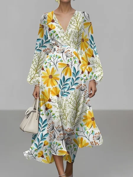 

Women Floral Puff Sleeve Spring/Fall Dress V Neck Long Sleeve A-Line Dress, Yellow, Dresses