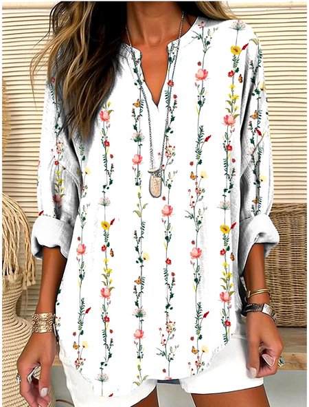 

V Neck Long Sleeve Geometric Regular Micro-Elasticity Regular Fit Shirt For Women, White, Shirts