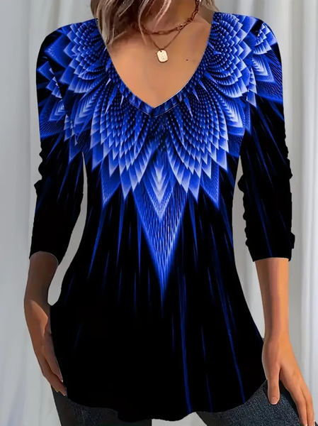 

Casual Abstract V Neck Long Sleeve T-shirt, Black, T-shirts