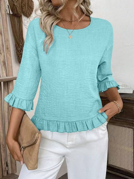 

Crew Neck Simple Plain Bell Sleeve Loose Shirt, Mint, Blouses & Shirts