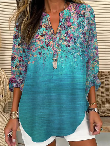 

Women Floral Long Sleeve Blouse Spring/Fall Printing V Neck Daily Casual Top, Cyan, Shirts