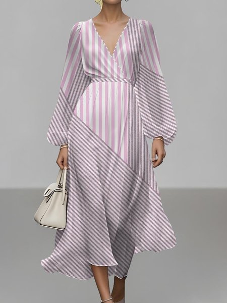 

Women Striped Puff Sleeve Spring/Fall Dress V Neck Long Sleeve A-Line Dress, Pink, Dresses