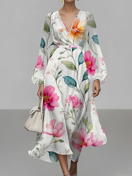 

Women Floral Puff Sleeve Spring/Fall Dress V Neck Long Sleeve A-Line Dress, White, Dresses