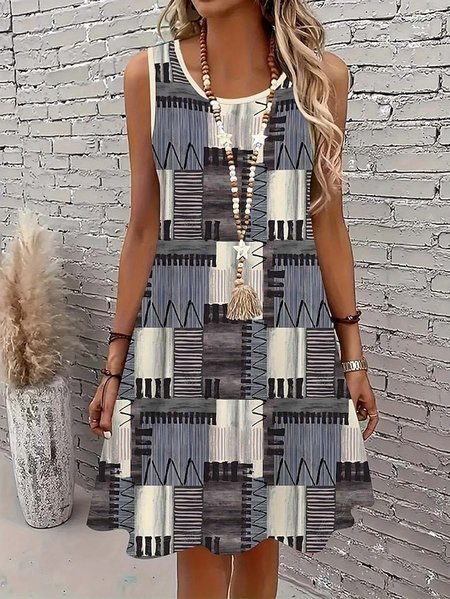 

Women Geometric Summer Dress V Neck Sleeveless A-Line Dress, As picture, Dresses