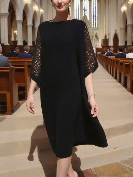 

Casual Plain Loosen Crew Neck Midi Sweater Dress, Black, Midi Dresses