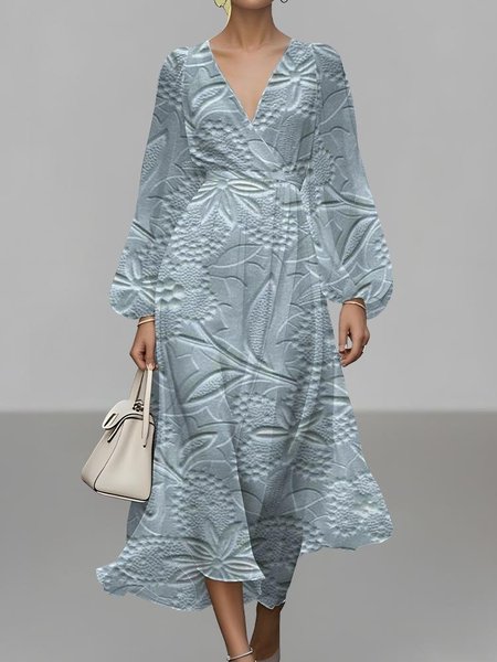 

Women Floral Puff Sleeve Spring/Fall Dress V Neck Long Sleeve A-Line Dress, Light blue, Dresses