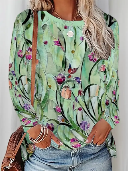 

Women Floral Long Sleeve Tee T-shirt Crew Neck Printing Casual Spring/Fall Graphic Tee Top, Green, T-Shirts