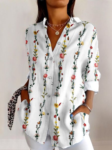 

V Neck Long Sleeve Geometric Regular Micro-Elasticity Regular Fit Shirt For Women, White, Shirts