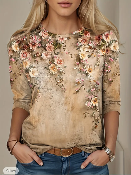 

Women Floral Long Sleeve Tee T-shirt Crew Neck Printing Casual Spring/Fall Graphic Tee Top, Khaki, T-Shirts