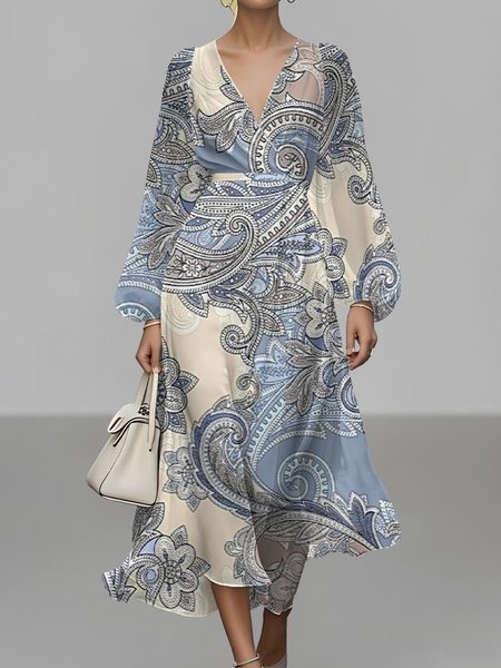 

Women Paisley Puff Sleeve Spring/Fall Dress V Neck Long Sleeve A-Line Dress, Blue, Dresses
