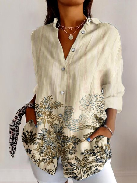 

Casual V Neck Long Sleeve Coconut Tree Print Comfy Shirt For Women, Apricot, Shirts