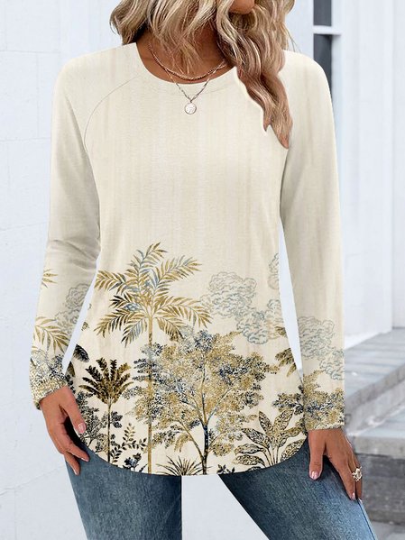 

Casual Coconut Tree Crew Neck Long Sleeve Comfy T-shirt, Apricot, T-shirts