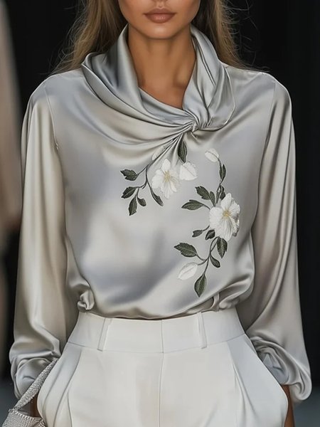 

Satin Urban Floral Embroidery Asymmetrical Blouse, Gray, Blouses and Shirts