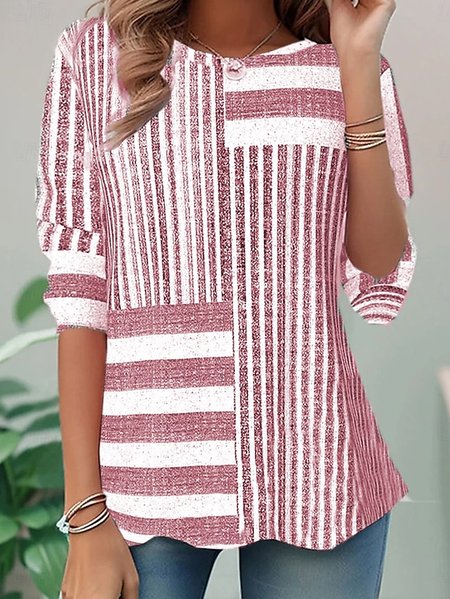

Casual Striped Crew Neck Long Sleeve T-shirt, Pink, T-shirts