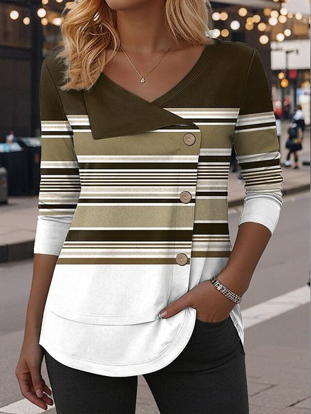 

Casual Colorblock V Neck Long Sleeve T-shirt, Coffee, T-shirts