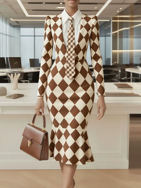 

Urban Plain Buttoned Shirt Collar Midi Dress With Tie, Brown, Midi Dresses