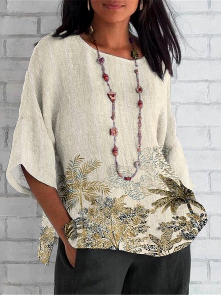 

Women Blouse Casual Coconut Tree Print Crew Neck Long Sleeve Comfy T-shirt, Apricot, T-shirts