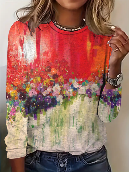 

Vintage Floral Crew Neck Long Sleeve T-shirt, Color2, T-shirts