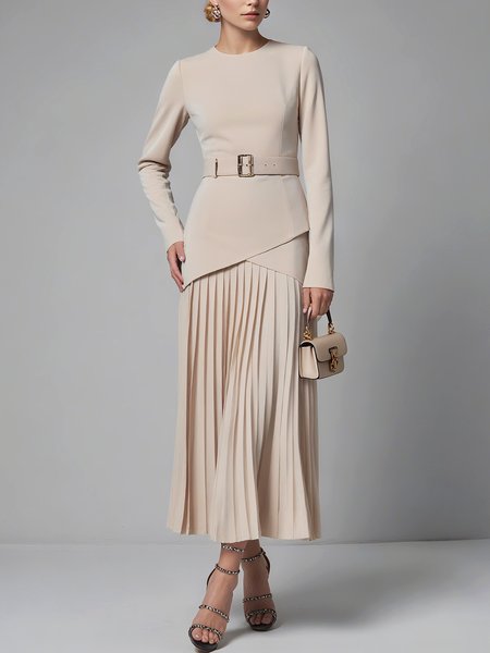 Elegant Plain Split Joint Pleated Crew Neck Maxi Dress With Belt