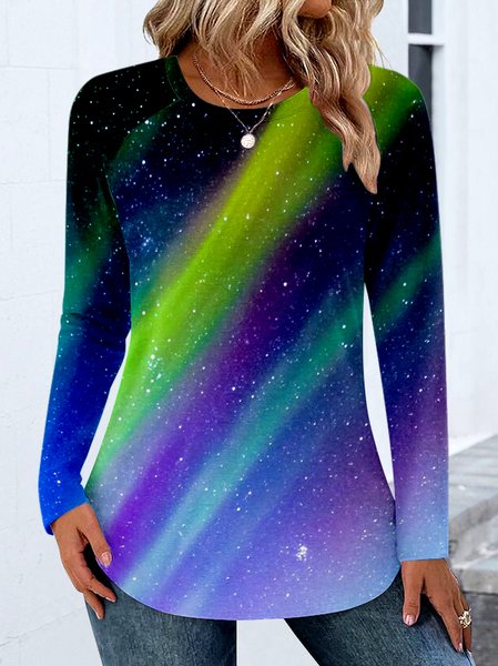 

Casual Color Block Crew Neck Long Sleeve T-shirt, Purple, T-shirts