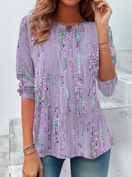 

Casual Abstract Crew Neck Long Sleeve T-shirt, Purple, T-shirts
