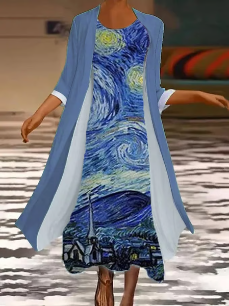 

Women Paintings Printing Two-Piece Set Daily Three Quarter Sleeve Casual Spring/Fall Coat With Skirt Matching Set, Blue, 2-Piece Dresses