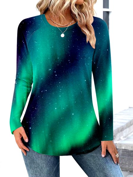 

Casual Color Block Crew Neck Long Sleeve T-shirt, Green, T-shirts