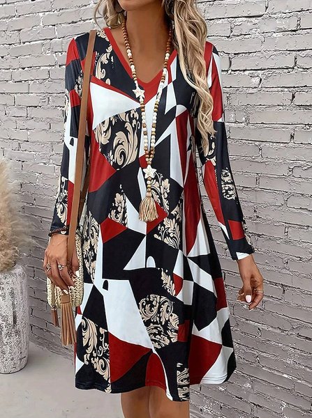 

Women Geometric Spring/Fall Dress V Neck Long Sleeve A-Line Dress, Color5, Dresses