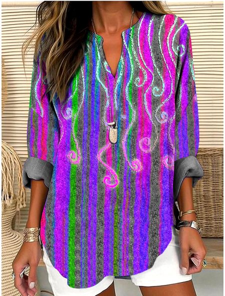 

V Neck Long Sleeve Geometric Regular Micro-Elasticity Regular Fit Shirt For Women, Deep gray, Shirts