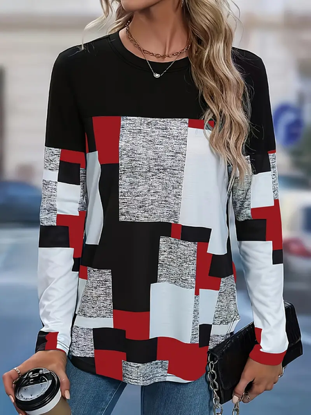 

Women Abstract Plaid Long Sleeve Tee T-shirt Crew Neck Printing Casual Spring/Fall Graphic Tee Top, As picture, T-Shirts