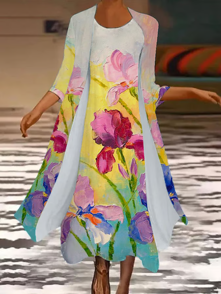 

Women Floral Printing Two-Piece Set Daily Three Quarter Sleeve Casual Spring/Fall Coat With Skirt Matching Set, As picture, 2-Piece Dresses